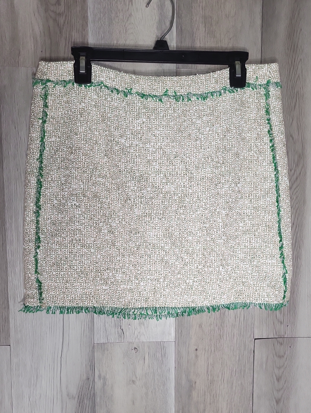 J.Crew Women's Size 10 Ivory Green Tweed Mini Skirt Wool Blend Fringe Trim Lined